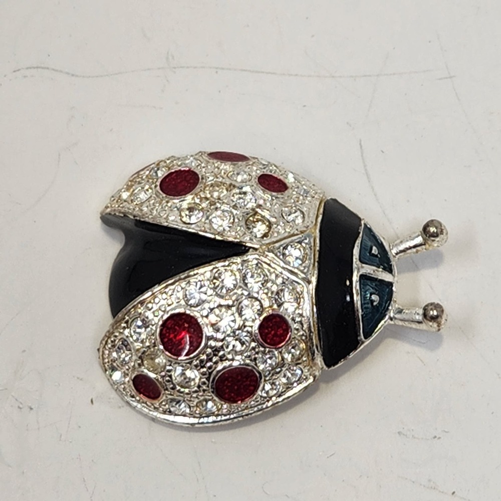 Roman Silver Tone Black Red Enamel Ladybug Brooch Pin Clear Crystal Bug Insect